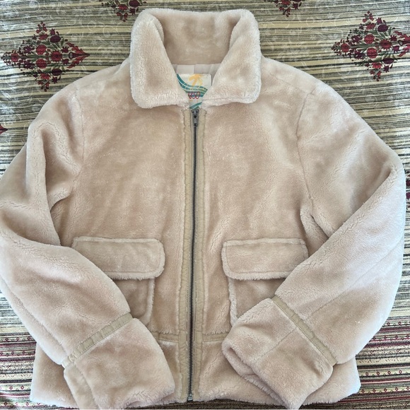 CALI 1850 Light Tan Sherpa Fleece Collar Neckline Zip Up Teddy Jacket-Size M - Picture 4 of 13